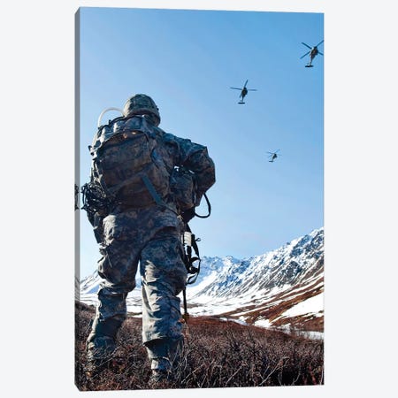 Soldier Patrols Through Alaska's Chugach Range As UH-60 Black Hawk Helicopters Fly Above Canvas Print #TRK912} by Stocktrek Images Canvas Print