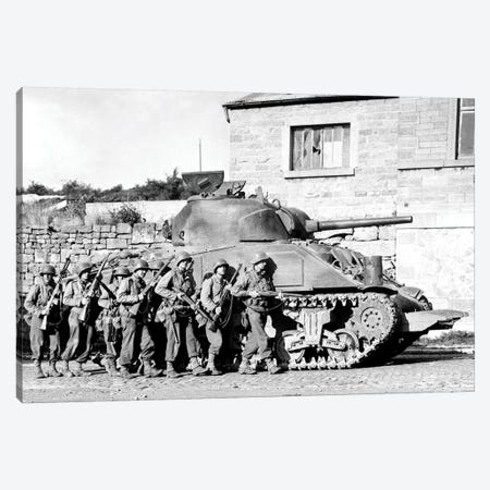 Soldiers And Their Tank Advance Into A Belgian Town During WWII Canvas Print #TRK916} by Stocktrek Images Canvas Art