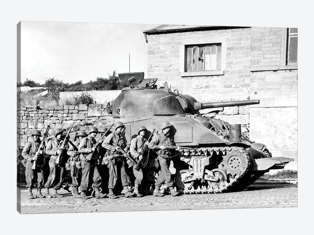Soldiers And Their Tank Advance Into A Belgian Town During WWII by Stocktrek Images 1-piece Canvas Wall Art