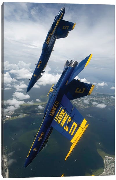 The Blue Angels Perform A Looping Maneuver Over Pensacola Beach, Florida Canvas Art Print - Military Aircraft Art