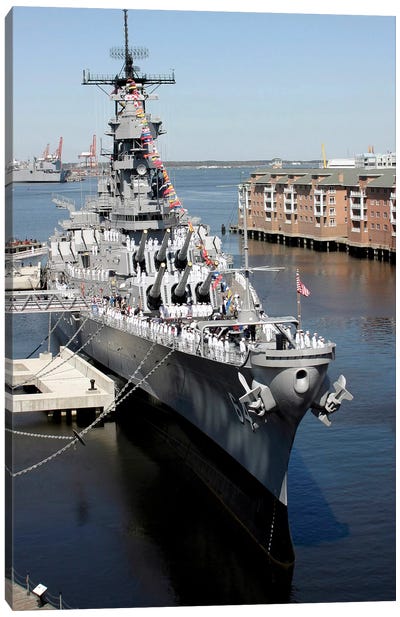 The Decommissioned US Navy Battleship, USS Wisconsin, Berthed To The Pier Canvas Art Print - Warship Art