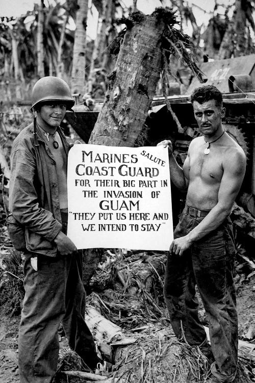 The US Marines Salute The US Coast Guard After The Battle For Guam by Stocktrek Images wall art