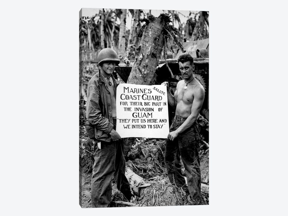 The US Marines Salute The US Coast Guard After The Battle For Guam by Stocktrek Images 1-piece Canvas Wall Art