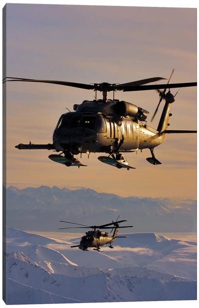 Two Alaska Air National Guard HH-60G Pave Hawks In Flight Over Alaska Canvas Art Print - Helicopter Art