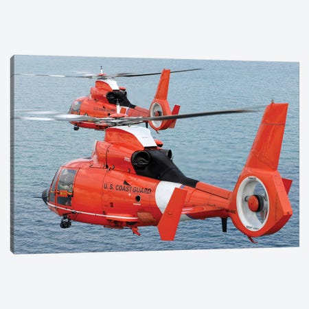 Two Coast Guard HH-65C Dolphin Helicopters Fly In Formation Over The Atlantic Ocean Canvas Print #TRK993} by Stocktrek Images Art Print
