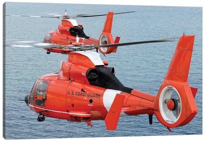 Two Coast Guard HH-65C Dolphin Helicopters Fly In Formation Over The Atlantic Ocean Canvas Art Print - Helicopter Art
