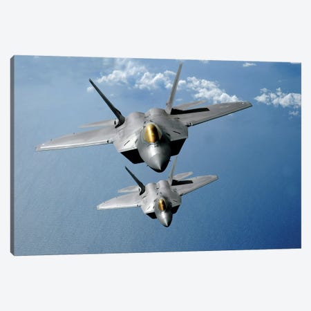 Two F-22 Raptors Fly Over The Pacific Ocean Canvas Print #TRK999} by Stocktrek Images Art Print