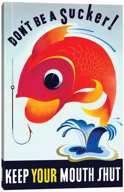 Vintage WWII Poster Of A Colorful Fish Jumping From A Pond Canvas Art Print - Propaganda Posters