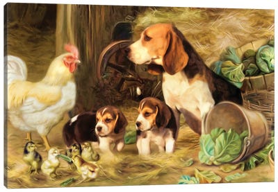 Beagles Around The Barn Canvas Art Print - Trudi Simmonds