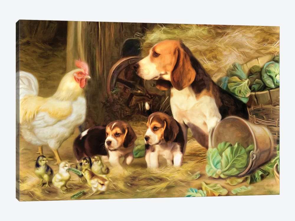 Beagles Around The Barn by Trudi Simmonds 1-piece Canvas Art