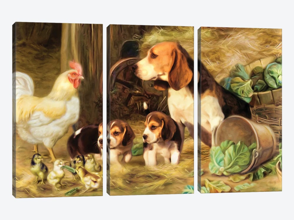 Beagles Around The Barn by Trudi Simmonds 3-piece Canvas Artwork