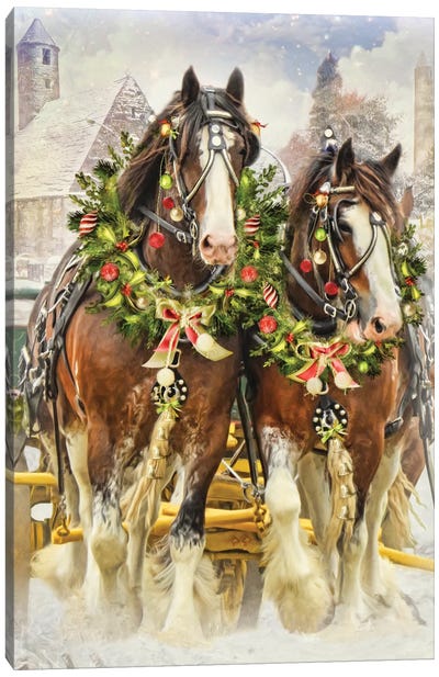 Christmas Clydesdales Canvas Art Print - Christmas Animal Art