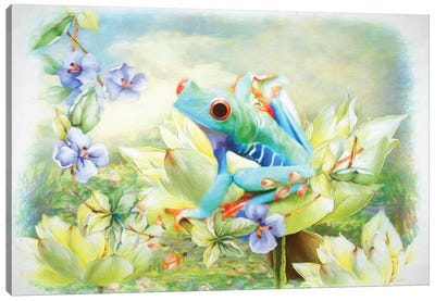 Frog In The Flowers Canvas Art Print - Frog Art