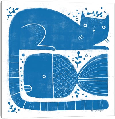 Cat - Fish Canvas Art Print - Blue Art