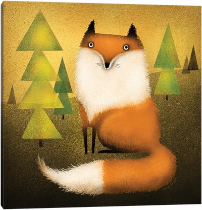 Fox In Woods Canvas Art Print - Pine Tree Art