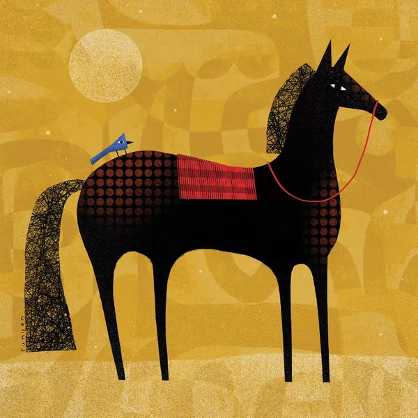 Mid-Century Modern Animals: Black Horse Blue Bird by Terry Runyan