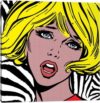 Girl On Zebra Background Canvas Art Print - Similar to Roy Lichtenstein