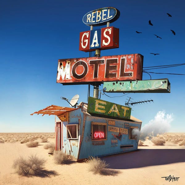Signs: Rebel Gas And Motel by Tim Schmidt
