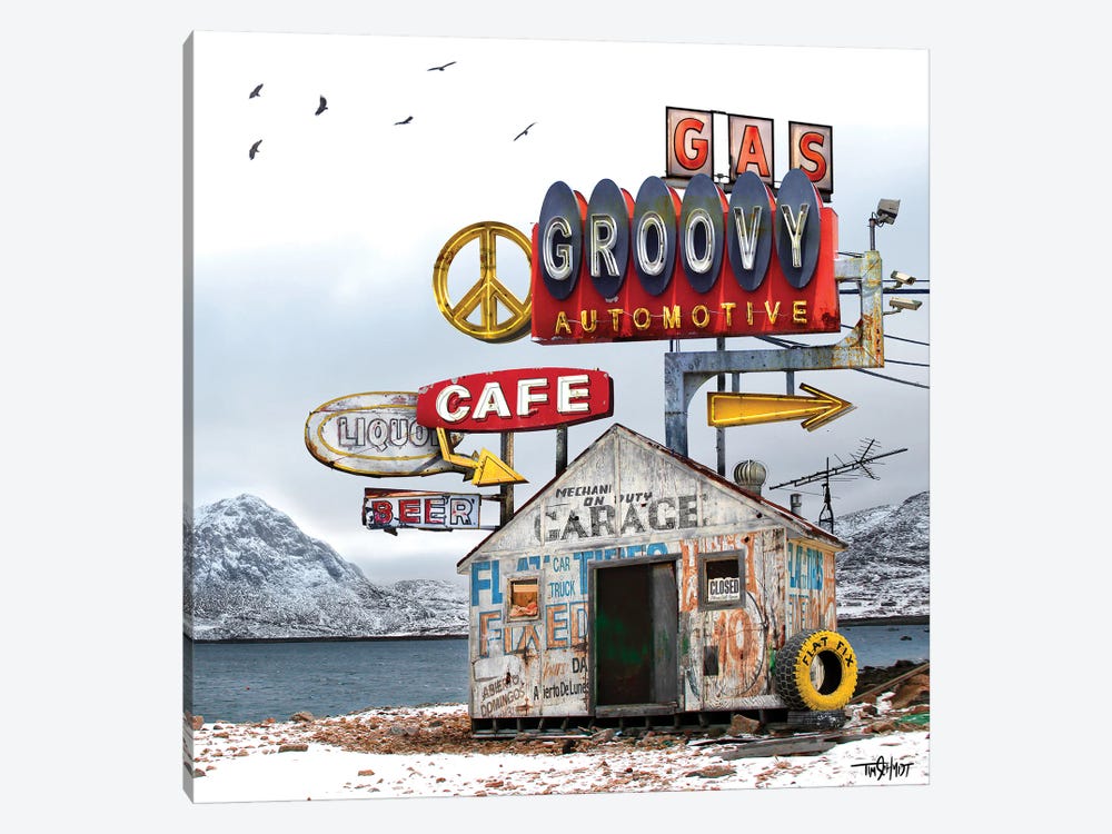 Groovy Auto Cafe by Tim Schmidt 1-piece Art Print