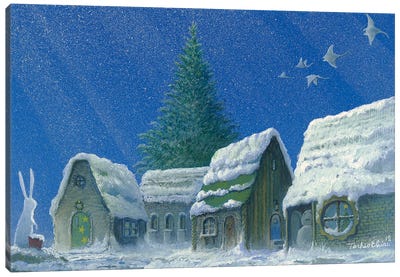 Winter Village Morning Canvas Art Print - Snowman Art