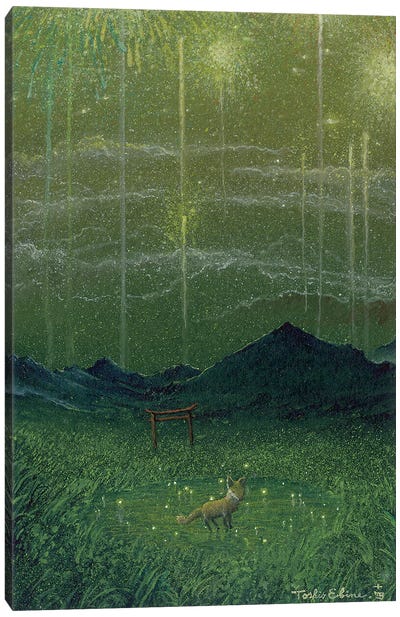Fox And Fireworks Canvas Art Print - Toshio Ebine