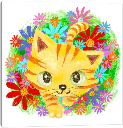 Kitten Walking In Flower Garden Canvas Art Print - Kitten Art