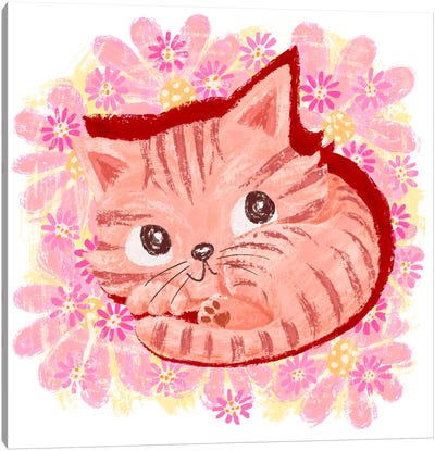 Pink Kitten In A Field Of Flowers Canvas Art Print - Kitten Art