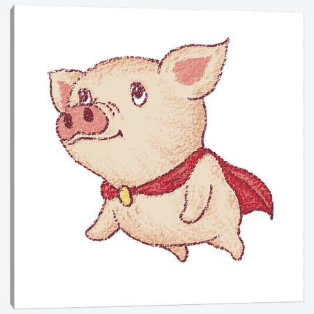 Cute Pig Superhero Flying Canvas Print #TSG44} by Toru Sanogawa Canvas Artwork