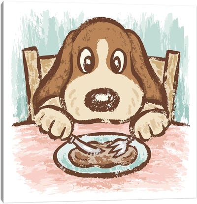 Dog That Is Eating Steak Canvas Art Print - Toru Sanogawa