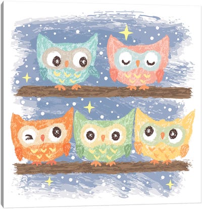 Five Birds Owl Canvas Art Print - Toru Sanogawa