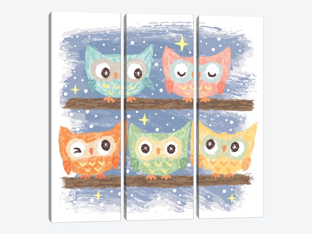 Five Birds Owl by Toru Sanogawa 3-piece Canvas Artwork