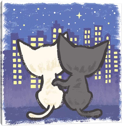 Night View And Cats Canvas Art Print - Toru Sanogawa