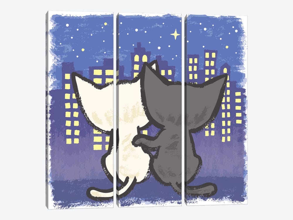 Night View And Cats by Toru Sanogawa 3-piece Canvas Wall Art