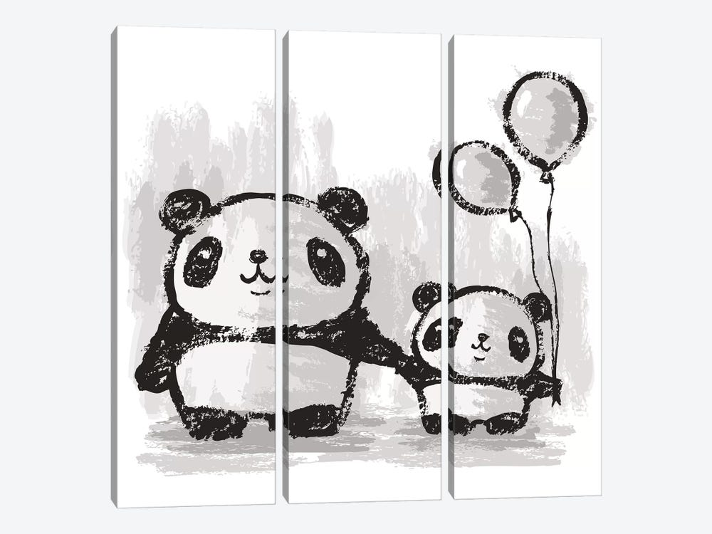 Pandas And Balloons by Toru Sanogawa 3-piece Canvas Wall Art