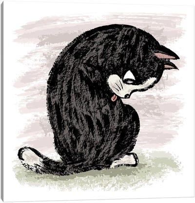 Black Cat Grooming Canvas Art Print - Tuxedo Cat Art