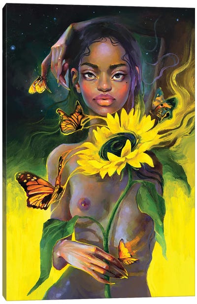 Supermassive Sunflower Canvas Art Print - Monarch Butterflies