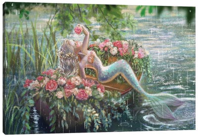Ste-Anne Mermaid Enjoying The Rain In The Flower Boat Canvas Art Print - Mermaid Art