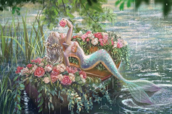 Rowboats: Ste-Anne Mermaid Enjoying The Rain In The Flower Boat by Anastasia Tsai