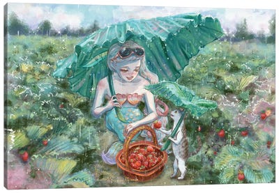 Ste-Anne Mermaid Strawberry Picking Canvas Art Print - Berry Art