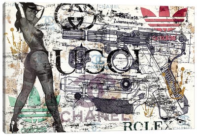 Bettie Page Disaster With Gun Canvas Art Print - Pop Collage