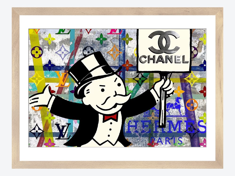 Framed Canvas Art (White Floating Frame) - Monopoly Disaster with Chanel by Taylor Smith ( Pop Culture > fictional Characters > Mascots > Rich Uncle