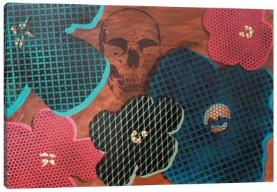 Five Flowers & Skull Canvas Art Print - Horror Art