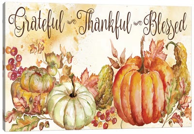 Watercolor Harvest Pumpkin Grateful Thankful Blessed Canvas Art Print - Holiday Décor