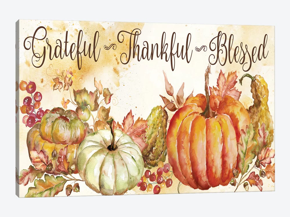 Watercolor Harvest Pumpkin Grateful Thankful Blessed by Tre Sorelle Studios 1-piece Canvas Art Print