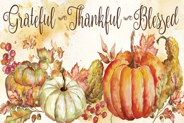 Roaring Brook Art: Watercolor Harvest Pumpkin Grateful Thankful Blessed by Tre Sorelle Studios