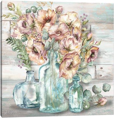 Blush Poppies & Eucalyptus Still Life Canvas Art Print - Tre Sorelle Studios
