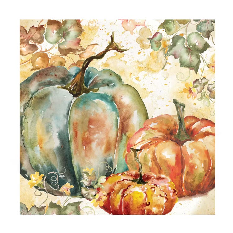 Watercolor Harvest Teal and Orange Pumpkins I