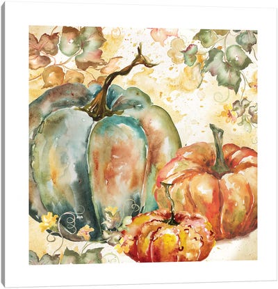Watercolor Harvest Teal and Orange Pumpkins I Canvas Art Print - Food & Drink Still Life