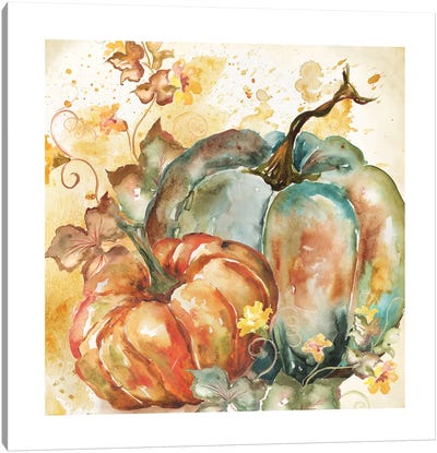Watercolor Harvest Teal and Orange Pumpkins II Canvas Art Print - Holiday Décor