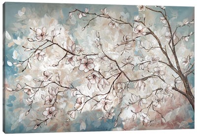 Magnolia Branches On Blue Canvas Art Print - Magnolias